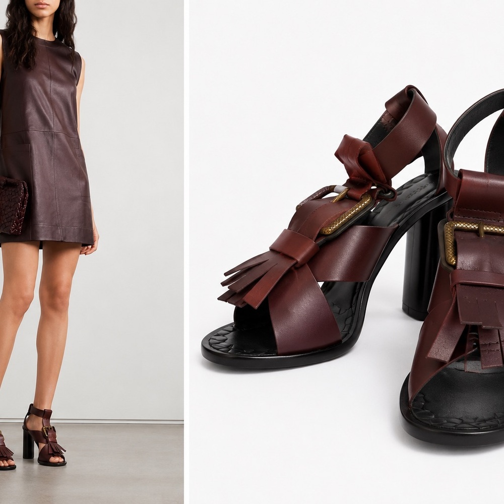 Bottega Veneta Burgundy Leather Fringe Buckle Block Heel Sandals